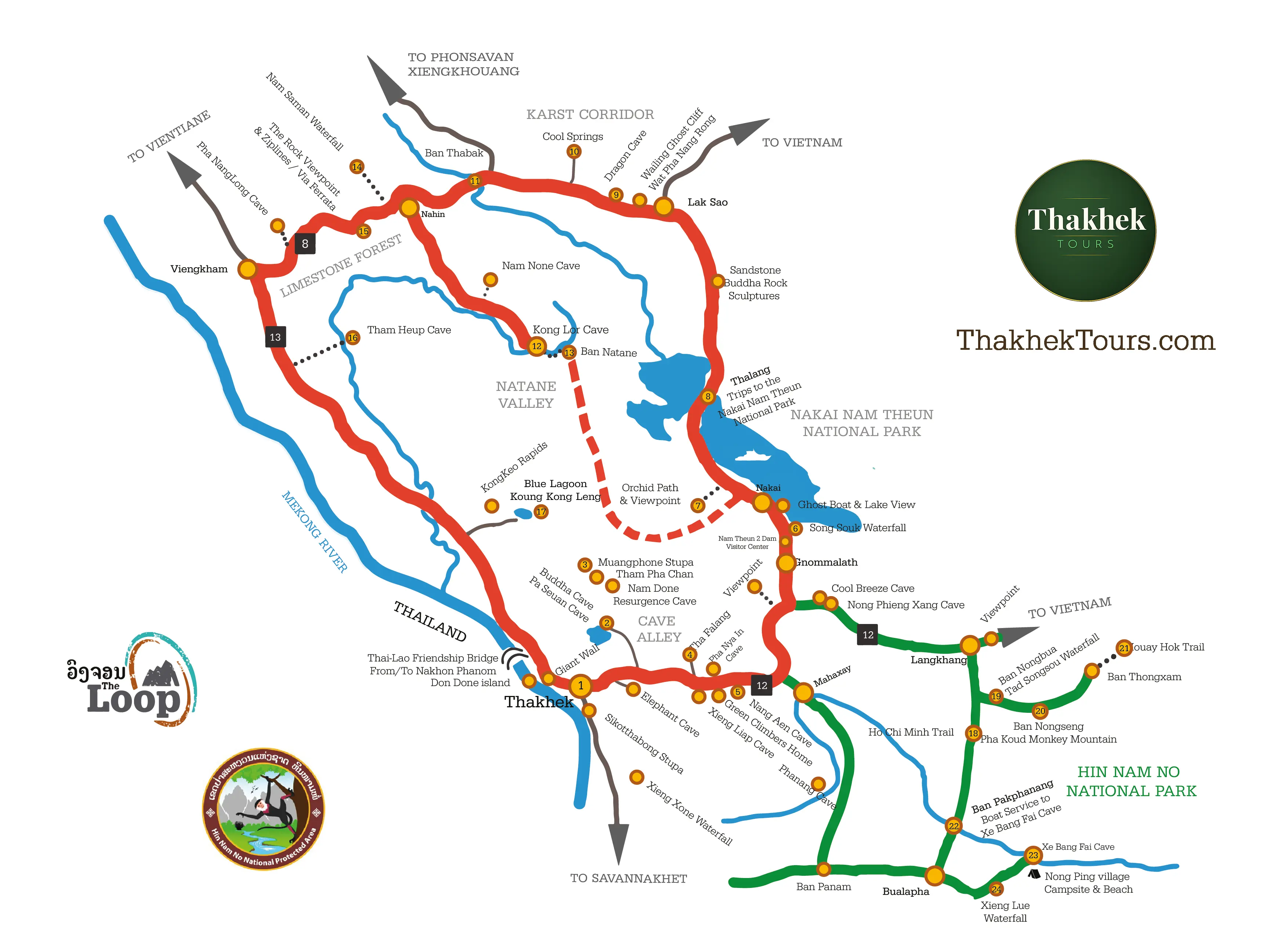 Carte de la Boucle de Thakhek et du parc national de Hin Nam No, province de Khammouane, Laos